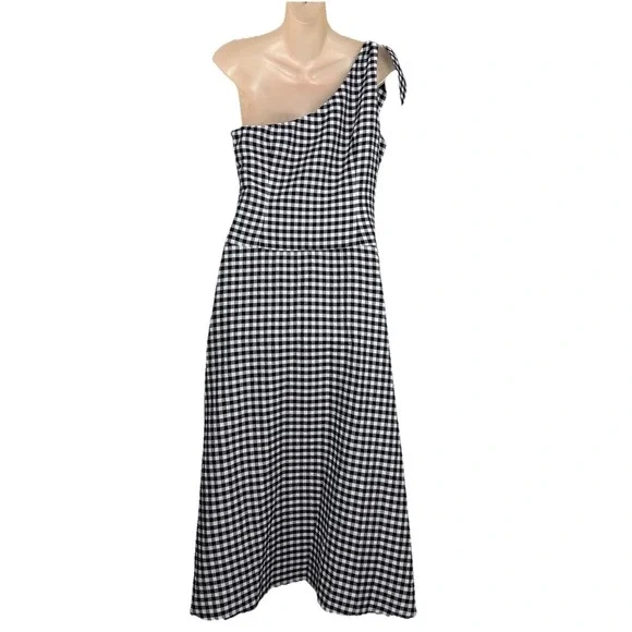By Anthropologie One Shoulder Gingham Midi Dress Black White Cottagecore M - Picture 2 of 12